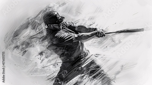 Black and white abstract art of a baseball player hitting a ball