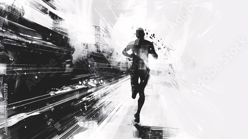Black and white abstract art of a marathon runner crossing the finish line