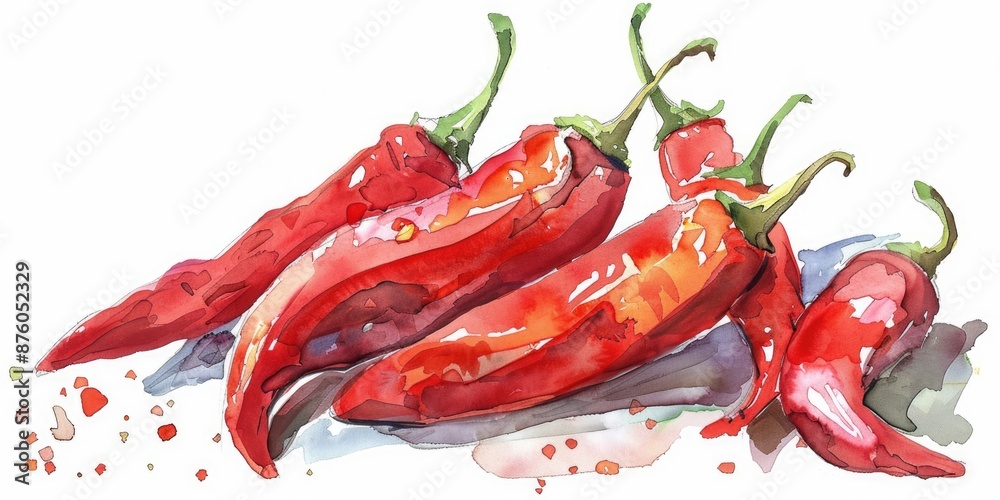 Hand-drawn Watercolor Illustration of Spicy Red Chili Peppers, Fresh and Organic Ingredients Hand-drawn Watercolor Illustration of Spicy Red Chili Peppers, Fresh and Organic Ingredients