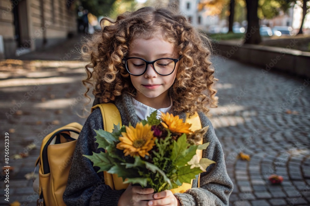 Fototapeta premium A cute little curly-haired girl with glasses and a bouquet of autumn flowers goes to school for the first time. A child with a school bag, a book and flowers. A child on a city street. Back to school.