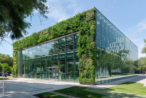 ecochic office pavilion geometric glass facade reflects verdant surroundings living walls and solar panels harmonize form and function © Bijac