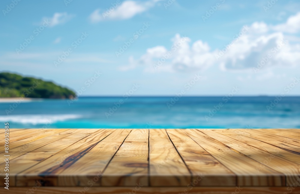 Fototapeta premium Empty beautiful wood tabletop counter on interior in clean and bright beach background