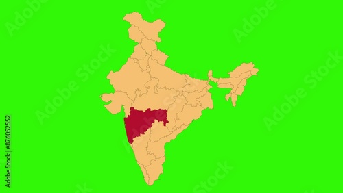 Maharashtra map animated video. Map Highlighted on the India map with animation and colour with Green screen background in video format.	
