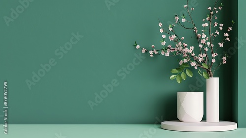 Bright color with a 3D geometric podium mockup and natural tree leaves and flower elements, perfect for creating modern, nature-inspired presentations Clean and Clear Color, Realistic Photo, ,