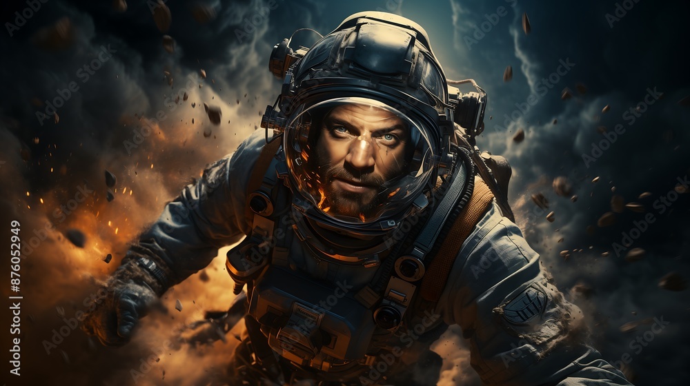 An astronaut braves adventure, danger, and courage in a space scene full of explosions and debris An astronaut braves adventure, danger, and courage in a space scene full of explosions and debris