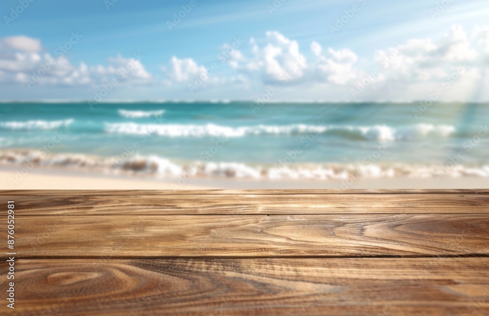 Empty beautiful wood tabletop counter on interior in clean and bright beach background Empty beautiful wood tabletop counter on interior in clean and bright beach background