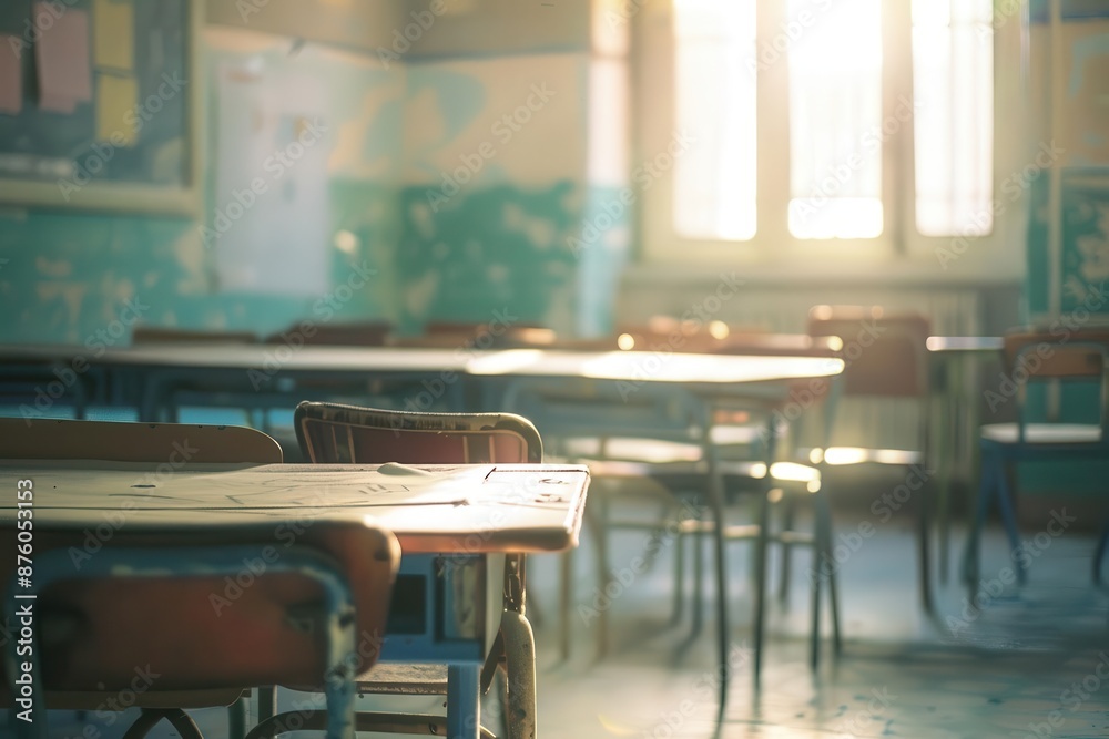 empty classroom bathed in soft dreamy light blurred desks and chairs create a nostalgic atmosphere muted colors and hazy edges evoke memories of childhood education empty classroom bathed in soft dreamy light blurred desks and chairs create a nostalgic atmosphere muted colors and hazy edges evoke memories of childhood education