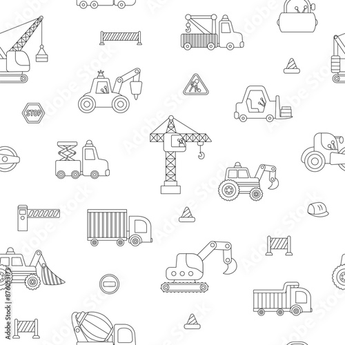 Vector black and white special transport seamless pattern. Construction site, road work, building transport line repeat background with bulldozer, tractor, truck. Digital paper with vehicles.