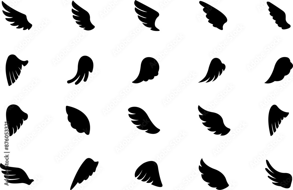 Obraz premium Wings icon. Angel Wings Black silhouette. Set of hand drawn bird or angel wings. Wings Collection - Vector illustration.