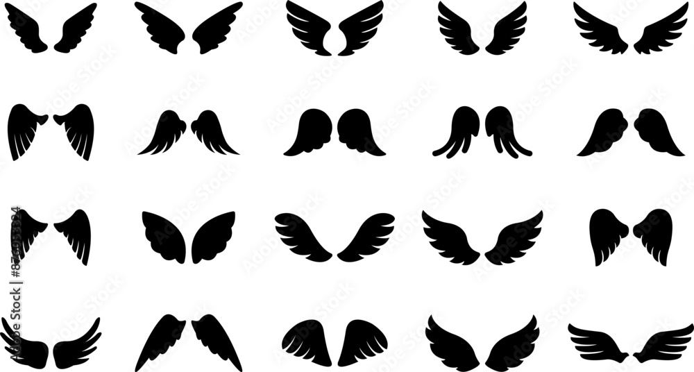 Wings icon. Angel Wings Black silhouette. Set of hand drawn bird or angel wings. Wings Collection - Vector illustration.