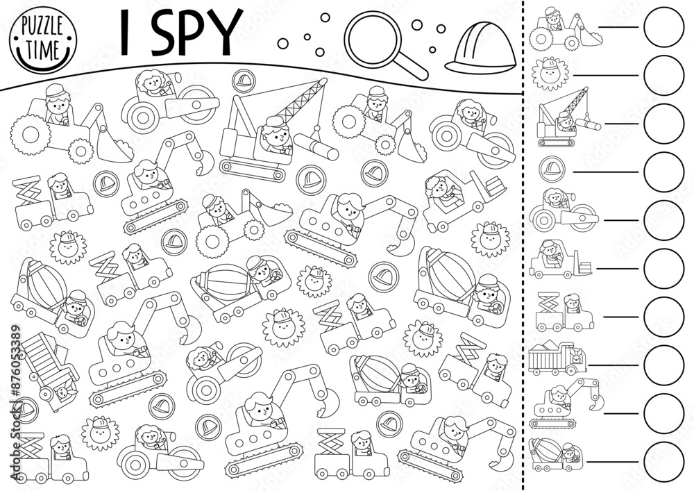 Construction site I spy game for preschool kids. Searching and counting black and white activity with special technics, driver. Building works printable worksheet. Simple repair service coloring page. Construction site I spy game for preschool kids. Searching and counting black and white activity with special technics, driver. Building works printable worksheet. Simple repair service coloring page.
