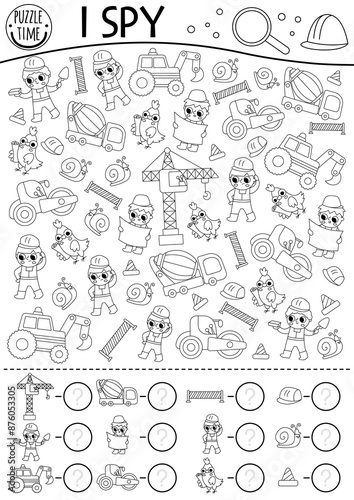 Construction site I spy game for kids. Searching, counting black and white activity with builders, special technics. Building works printable worksheet. Simple repair service puzzle, coloring page.