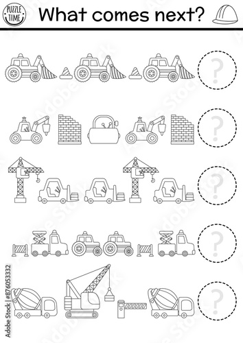What comes next. Construction site black and white logical activity for kids with bulldozer, crane, excavator. Building works logic succession worksheet. Continue the row game, coloring page.