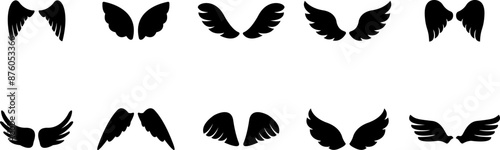 Wings icon. Angel Wings Black silhouette. Set of hand drawn bird or angel wings. Wings Collection - Vector illustration.