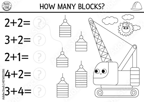 How many blocks black and white game with crawler crane. Construction site math addition activity. Building works printable counting worksheet, coloring page for kids with special car, vehicle.