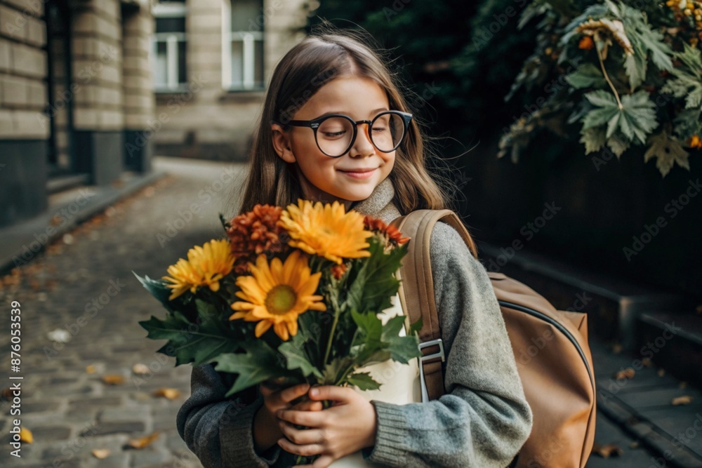 Fototapeta premium A pretty little girl with glasses and a bouquet of autumn flowers goes to school for the first time. A child with a school bag, a book and flowers. A child on a city street. Back to school.