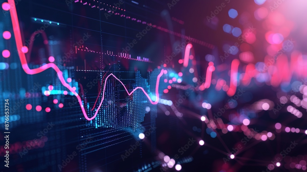 Dynamic Financial Visualization with Abstract Waves and Data Points on Dark Background