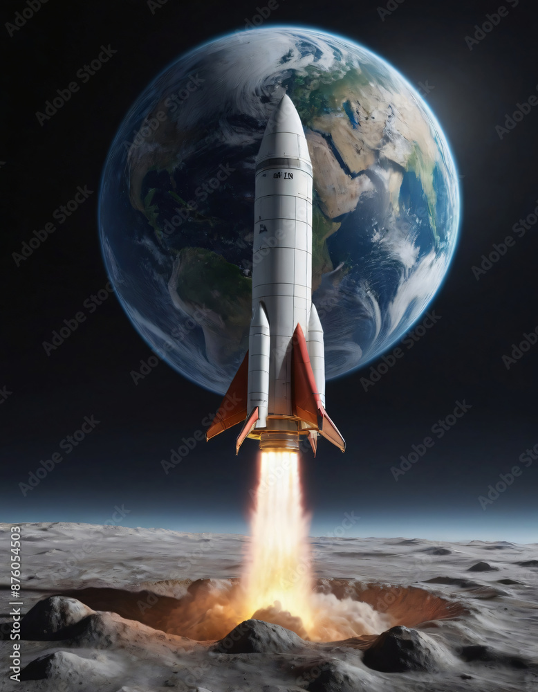 Naklejka premium Rocket taking off from an unknown planet with the globe in the background..