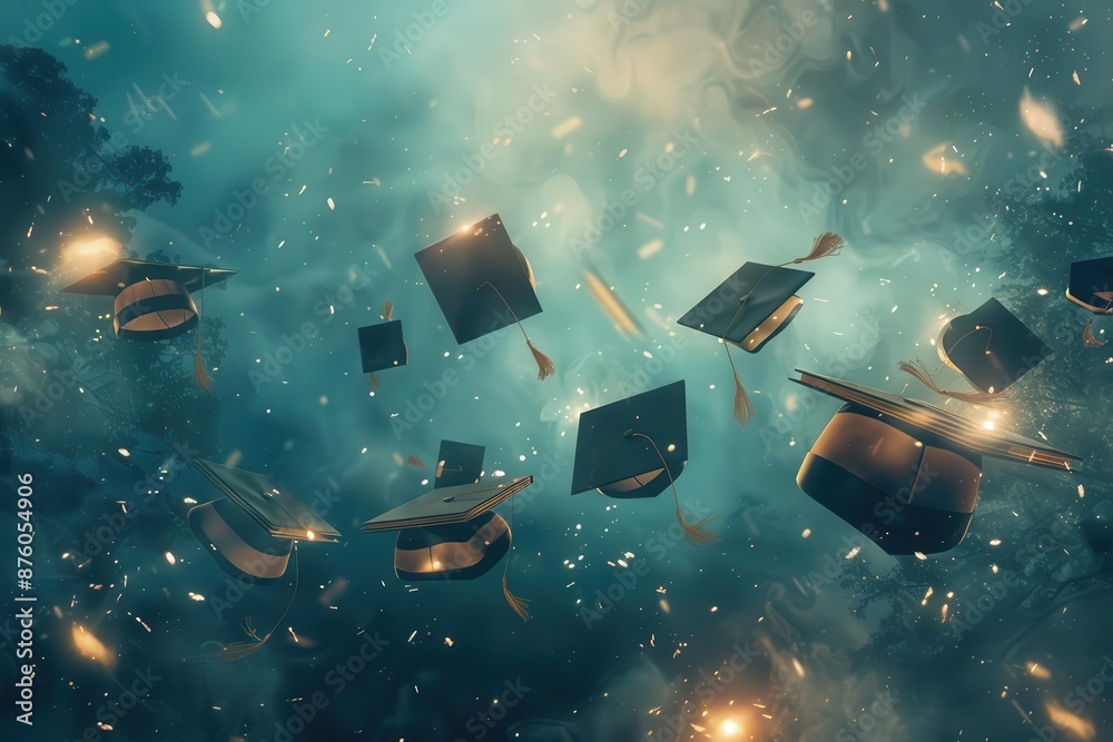 Naklejka premium ethereal graduation ceremony floating mortarboards and luminous textbooks in a misty starlit sky magical aura surrounds achievements