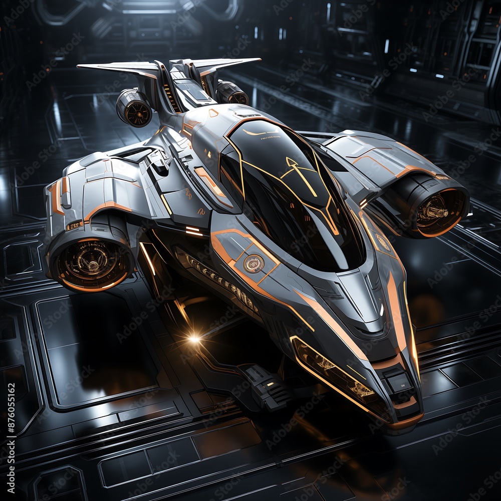Fototapeta premium A futuristic space ship hovering in a modern warehouse filled with technology and innovation