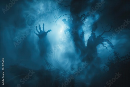 ethereal spectral hands emerging from misty graveyard moonlit fog swirling around gnarled trees eerie blue glow illuminating ghostly fingers photo