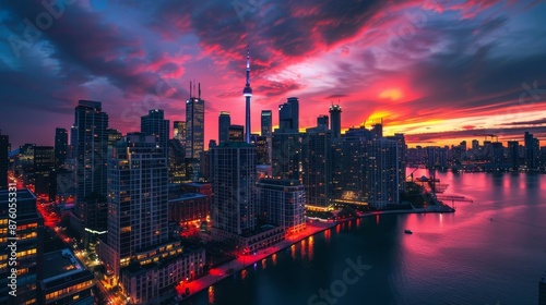 A dramatic cityscape at sunset, with a vibrant sky reflecting in the water. The city's skyline is illuminated by the fading light.