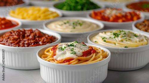 Pasta: A medley of pasta dishes in various shapes and sauces, including spaghetti, lasagna, and penne alfredo, arranged tightly together on a crisp white background. 