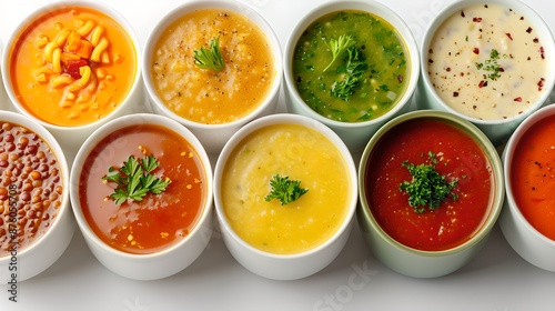 Wallpaper Mural Soups: A collection of soups in various flavors, such as chicken noodle soup, tomato soup, and lentil soup, arranged tightly together on a clean white background.  Torontodigital.ca