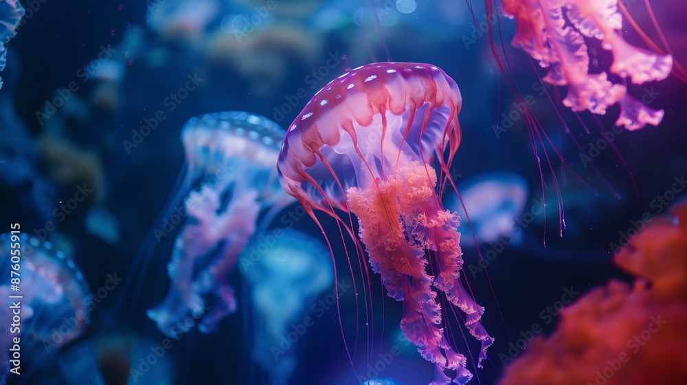 Close-up shots of illuminated jellyfish in an aquarium Close-up shots of illuminated jellyfish in an aquarium