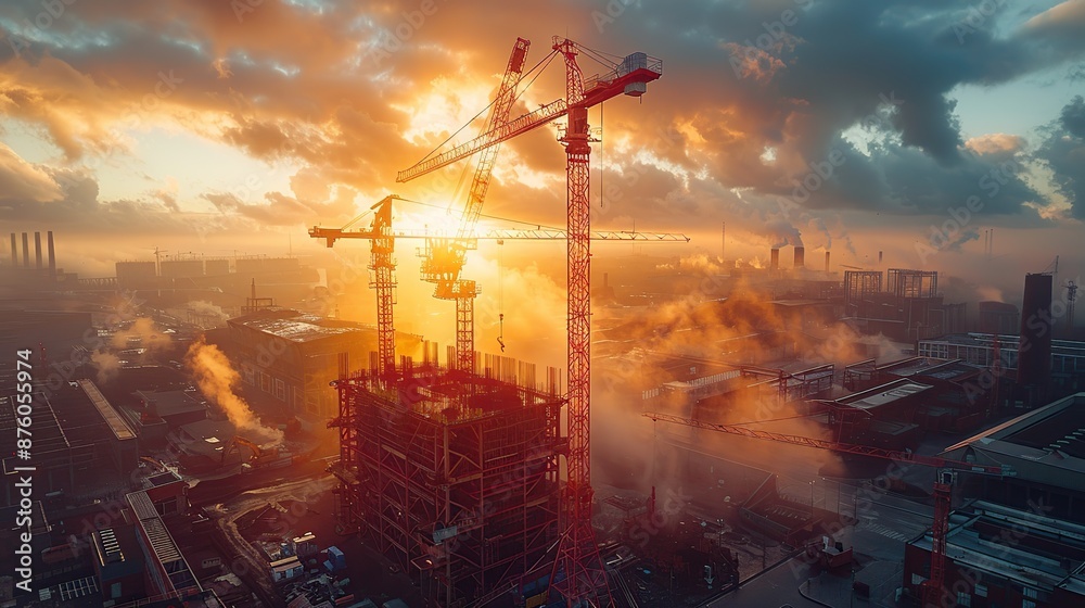 Construction Site with Big Tower Crane, on top of a multi-storey building in the morning Construction Site with Big Tower Crane, on top of a multi-storey building in the morning