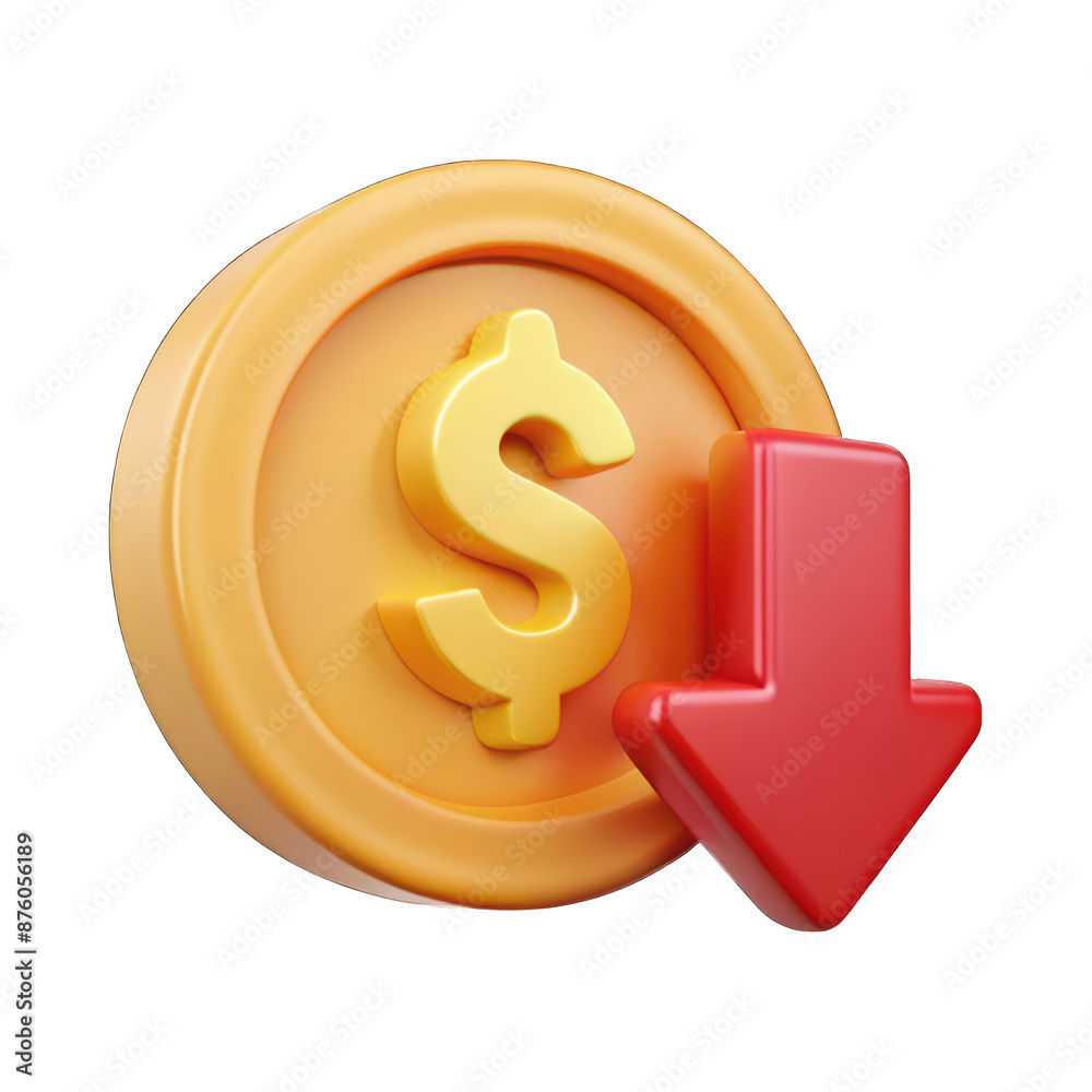 Dollar coin down concept 3d isolated on transparent background Dollar coin down concept 3d isolated on transparent background