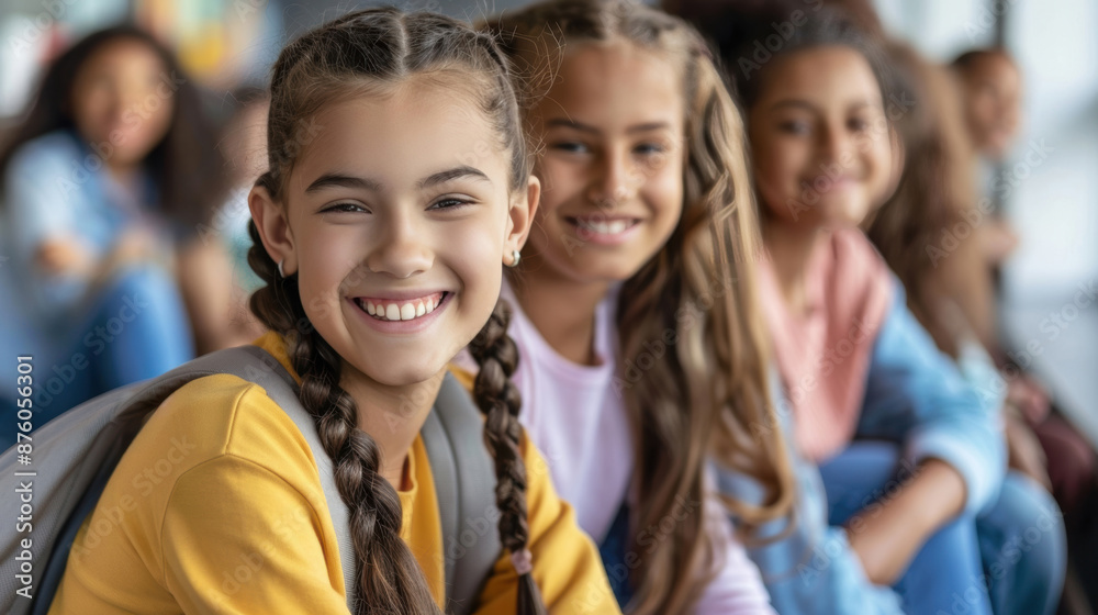 Group of happy girls sitting together at school, smiling and enjoying each other's company, showcasing friendship. Group of happy girls sitting together at school, smiling and enjoying each other's company, showcasing friendship.