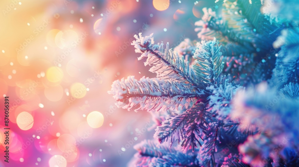 Close-up of a snow-covered Christmas tree branch with colorful bokeh lights in the background, evoking festive winter feelings. Close-up of a snow-covered Christmas tree branch with colorful bokeh lights in the background, evoking festive winter feelings.