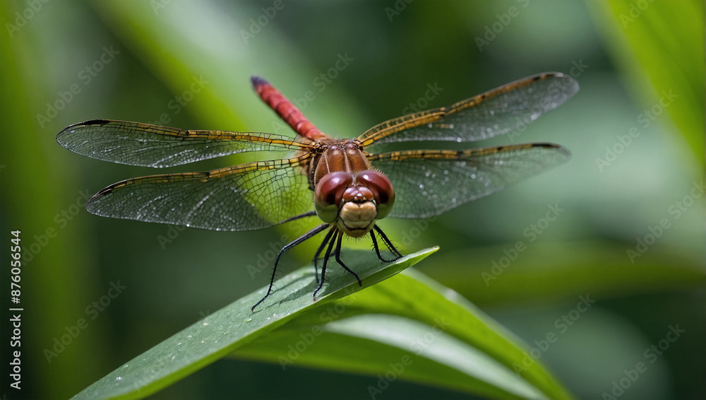 Dragonfly perched on a green leaf Dragonfly perched on a green leaf