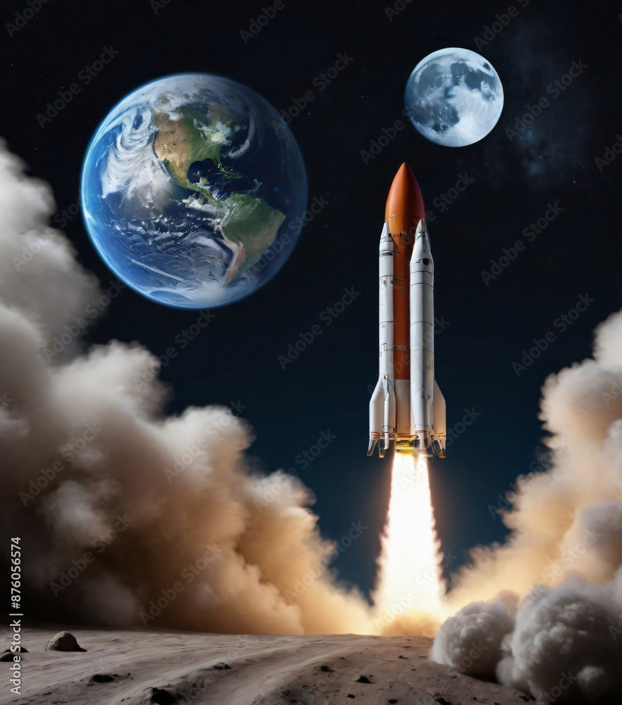 Rocket taking off from an unknown planet with the globe in the background.. Rocket taking off from an unknown planet with the globe in the background..