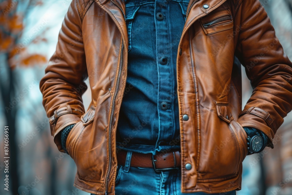 A fashionable man stands confidently with his hands in his pockets, wearing a stylish brown leather jacket and denim shirt, exuding a sense of casual coolness and modern style. A fashionable man stands confidently with his hands in his pockets, wearing a stylish brown leather jacket and denim shirt, exuding a sense of casual coolness and modern style.