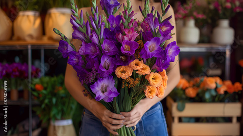 One hand holding a large bouquet of purple and orange pionies made by a florist. modern long shape, modern look. coffeeshop photo