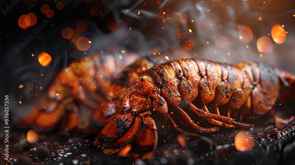 Fiery Macro Shot of Succulent Flame-Grilled Lobster Tail Against Dark Textured Background Fiery Macro Shot of Succulent Flame-Grilled Lobster Tail Against Dark Textured Background