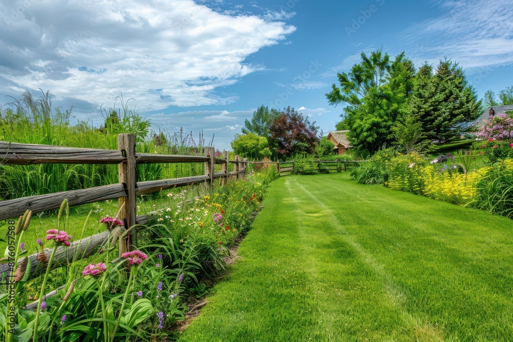idyllic garden sanctuary lush emerald lawn bordered by rustic wooden fence wildflowers dance in gentle breeze beneath azure sky idyllic garden sanctuary lush emerald lawn bordered by rustic wooden fence wildflowers dance in gentle breeze beneath azure sky