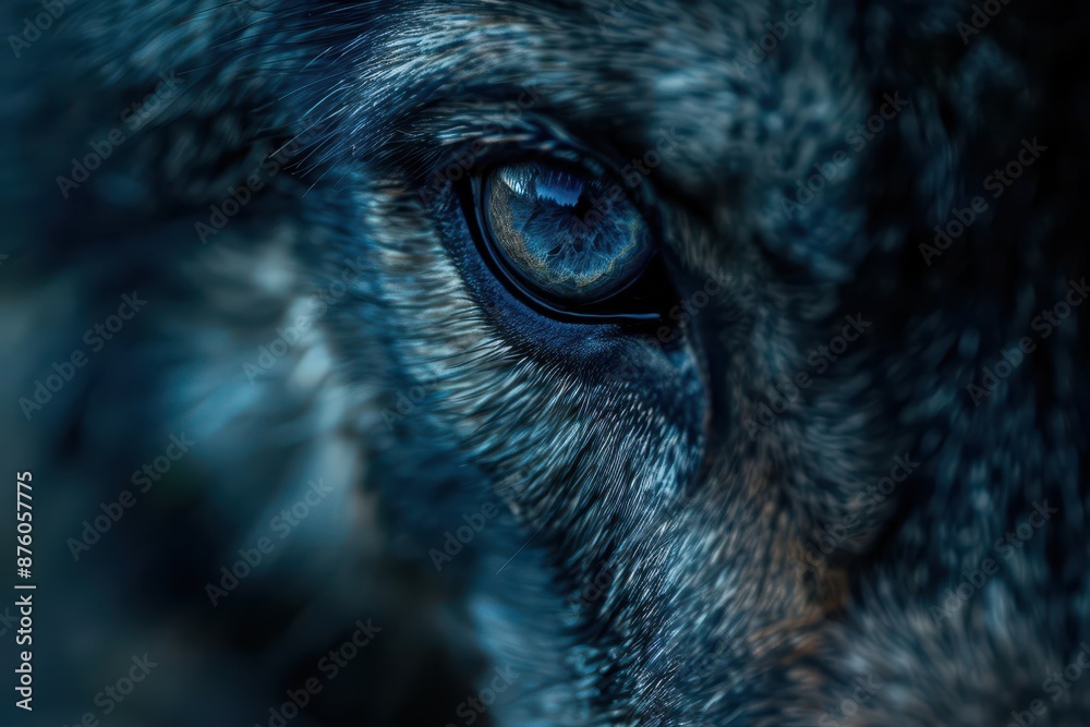 intense closeup of piercing blue wolf eye intricate iris detail reflection of wilderness contrasting against dark fur and shadowy background intense closeup of piercing blue wolf eye intricate iris detail reflection of wilderness contrasting against dark fur and shadowy background