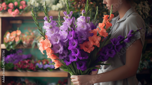 One hand holding a large bouquet of purple and orange pionies made by a florist. modern long shape, modern look. coffeeshop photo