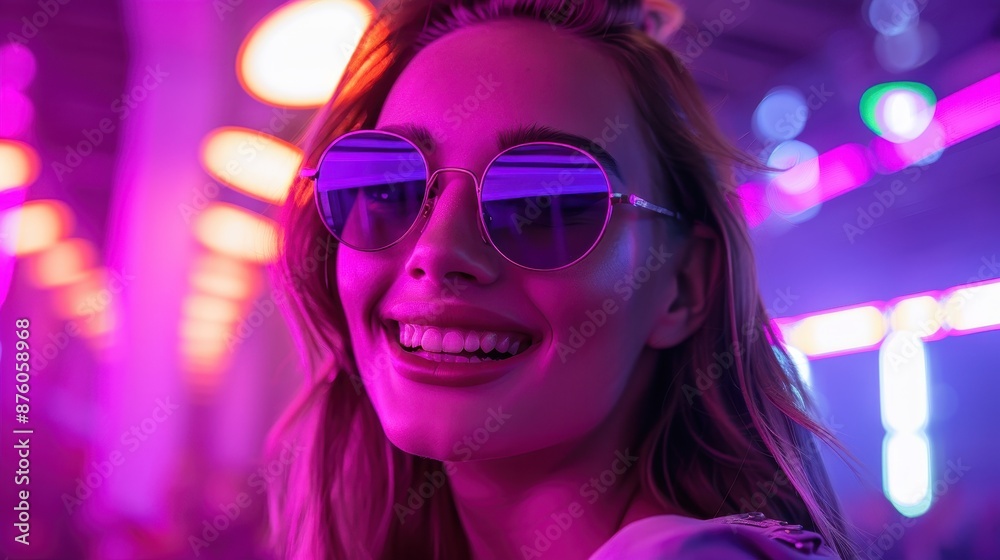 Woman Smiling in Neon Lights at Nighttime Event. Generative AI Woman Smiling in Neon Lights at Nighttime Event. Generative AI