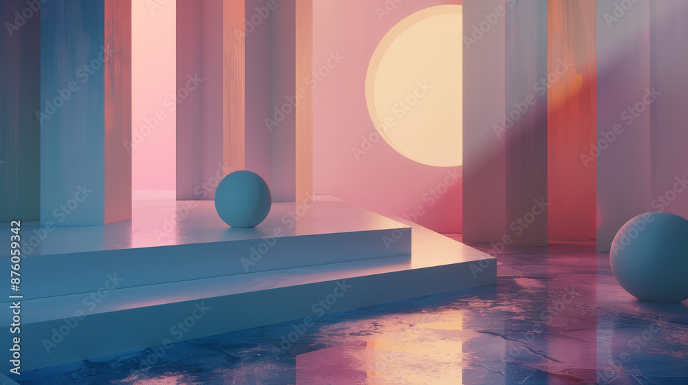 simple 3D geometric shapes, interior of a room, 3d render of a room, podium and stairs, minimal stage design simple 3D geometric shapes, interior of a room, 3d render of a room, podium and stairs, minimal stage design