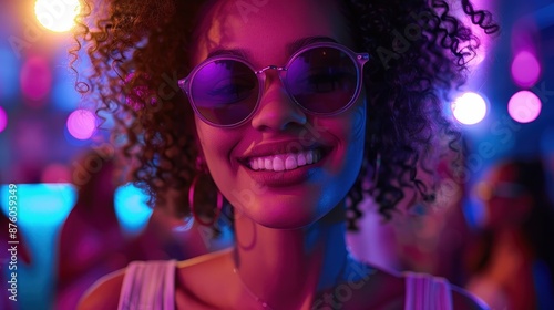 Young Woman With Curly Hair Smiles At A Nightclub Party. Generative AI