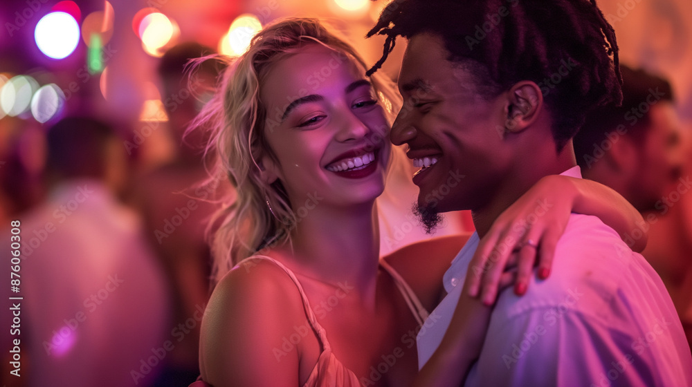 Happy couple dancing closely in a lively bar scene. Vacation fling.