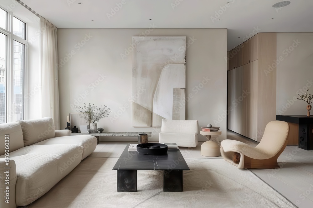 Fototapeta premium minimalist living room featuring clean lines neutral tones and a statement beige sofa large blank wall space ideal for artwork bathed in natural light from unseen windows