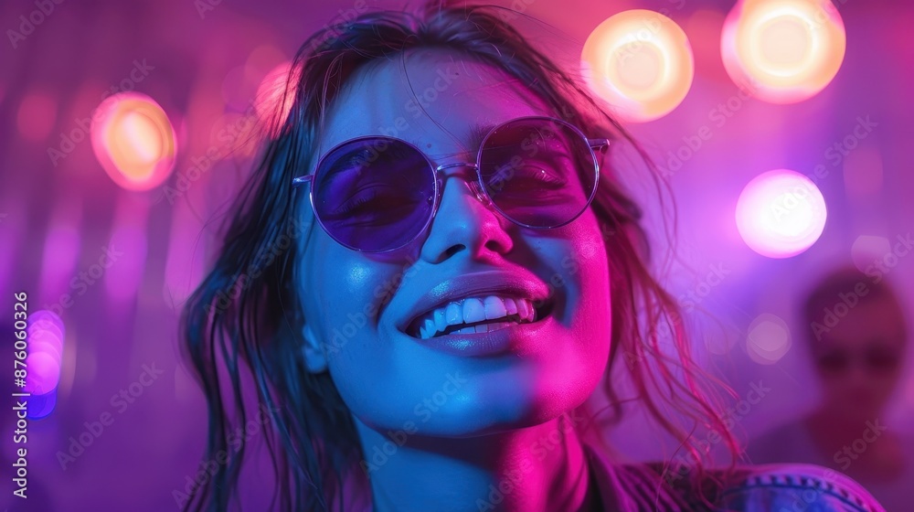Woman Smiling With Sunglasses and Neon Lights at a Night Event. Generative AI Woman Smiling With Sunglasses and Neon Lights at a Night Event. Generative AI