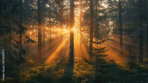 Sunlight streaming through dense forest trees, casting golden rays and illuminating the lush greenery and mist.