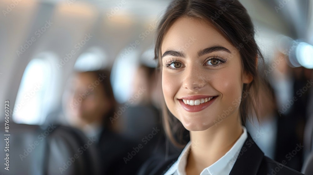 Fototapeta premium Smiling flight attendant on an airplane, exuding friendliness and professionalism, ready to assist passengers during their flight.