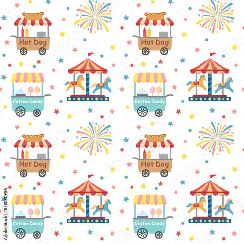 Seamless pattern with amusement park. Cartoon fun fair vector colorful background in flat style